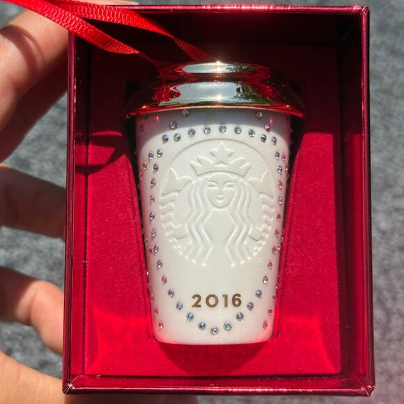 Starbucks Ornament 2016 white/ gold Cup with Swarovski Gems - Picture 2 of 7